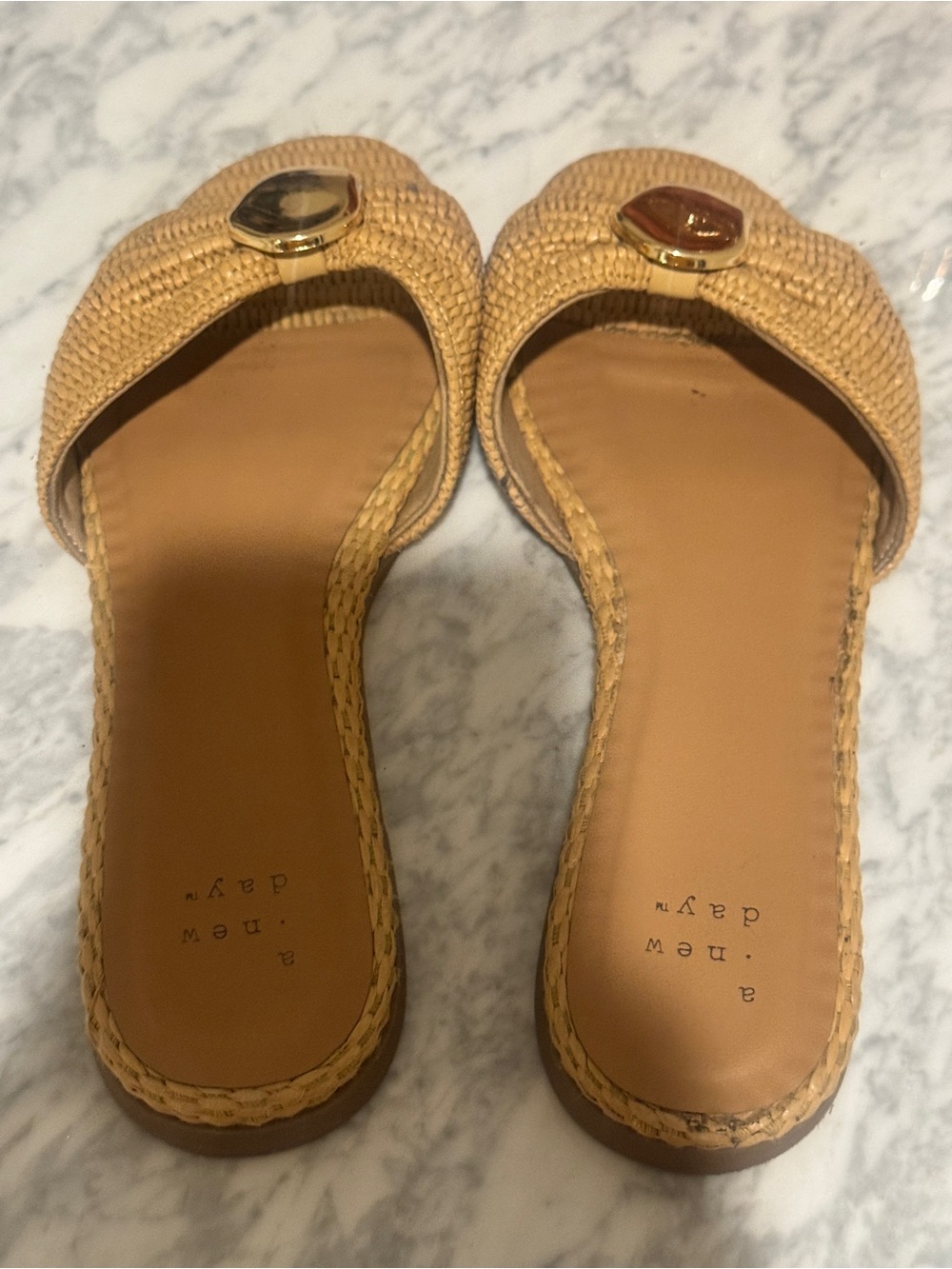 a new day Tan Woven Slide Mules with Gold Medallion